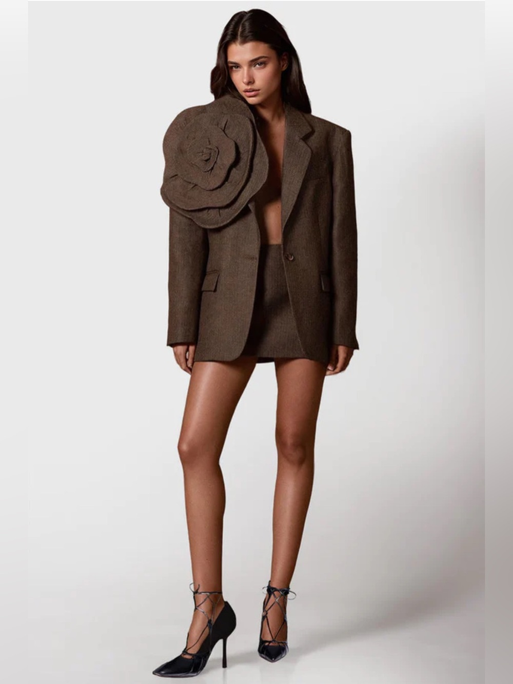 COMMENSE Large 3d flower single button tweed blazer